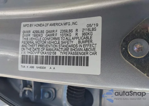 2019 Honda Accord Lx из США, поврежденный, VIN 1HGCV1F12KA102158